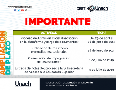 IMPORTANTE AMPLIACIÓN DEL PLAZO PARA EL PROCESO DE ADMISIÓN INICIAL